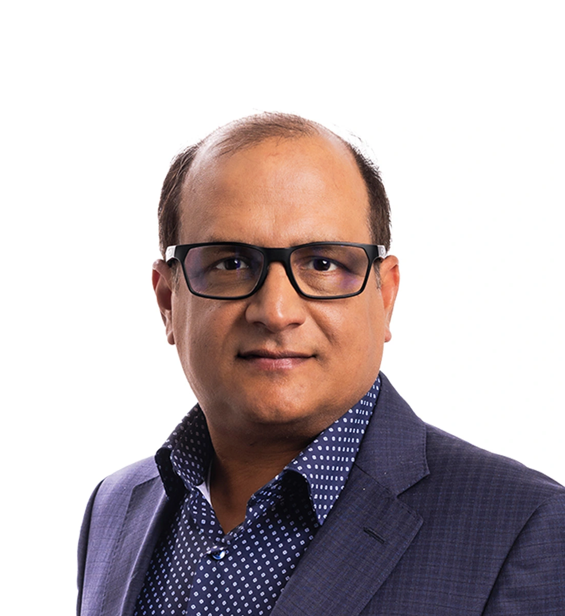 Professional headshot of man wearing glasses and blazer