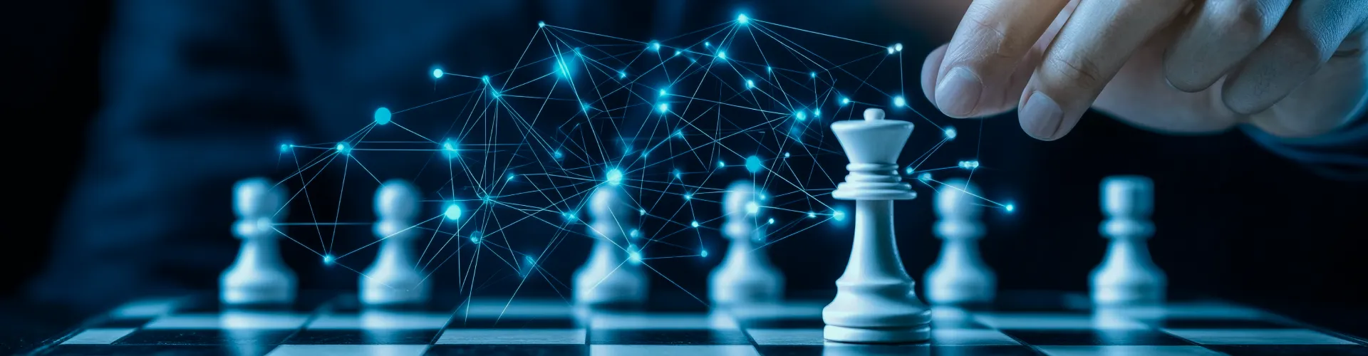 Hand moving chess king with digital network overlay