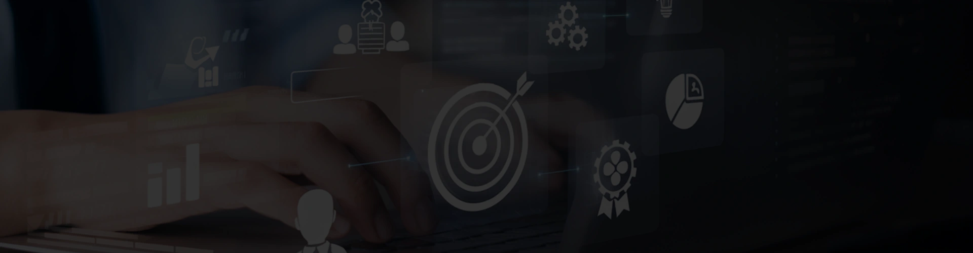 Hands typing with digital marketing icons overlay.