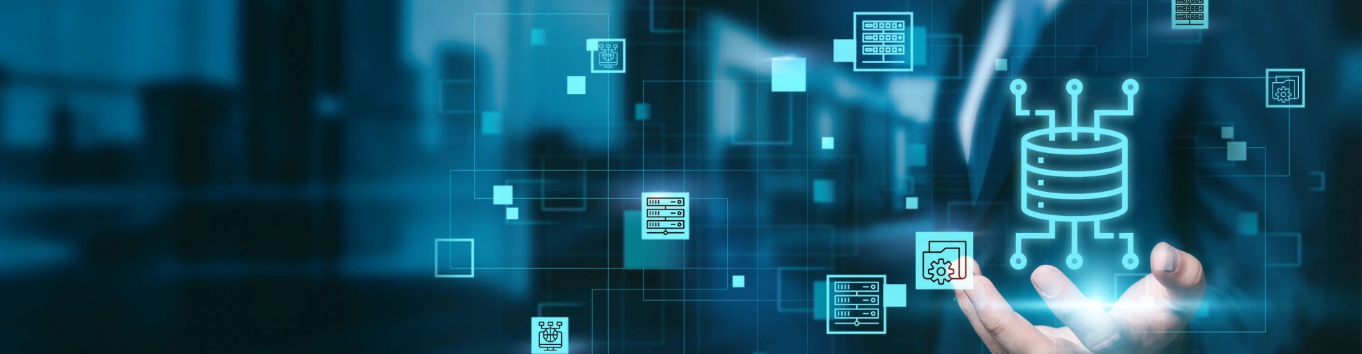 Digital network with data icons and server