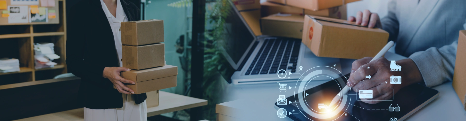 E-commerce business with packages and digital marketing icons.