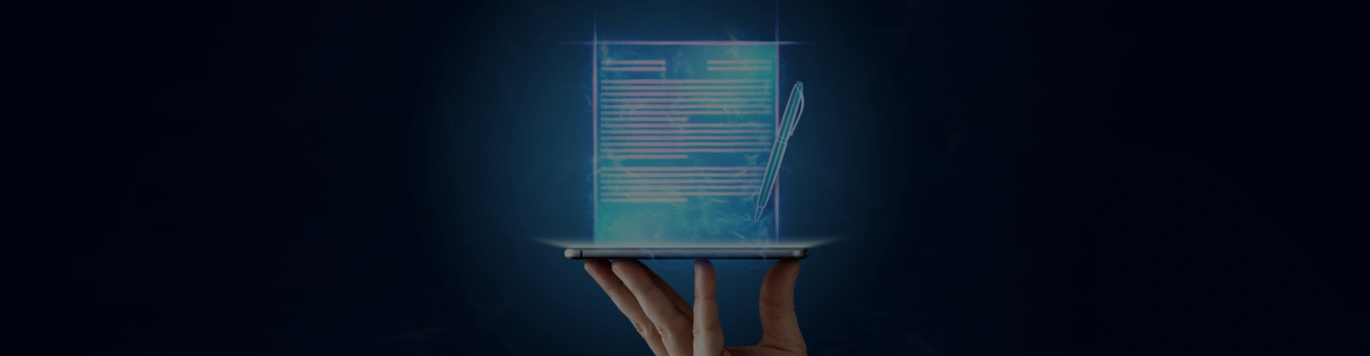 Hand holding holographic document and pen over device.