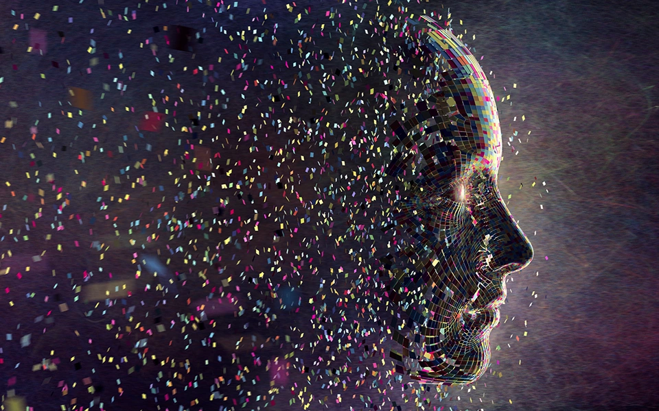 Abstract digital face with colorful particles