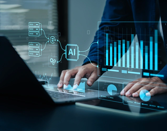 Person working with AI data visualization on laptop.