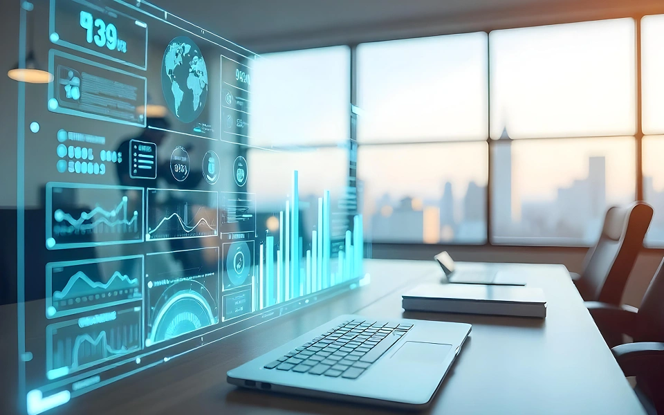 Office with digital analytics displays on desktop