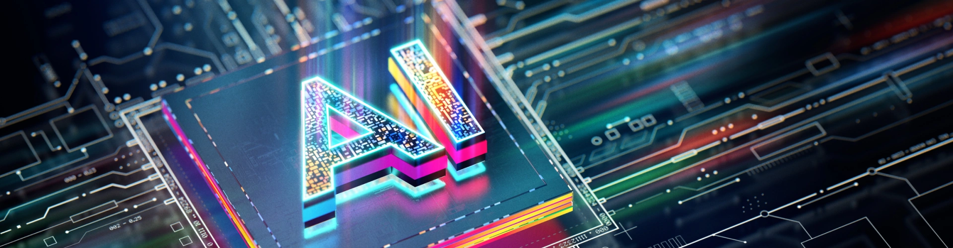 Colorful AI graphics on digital circuit board
