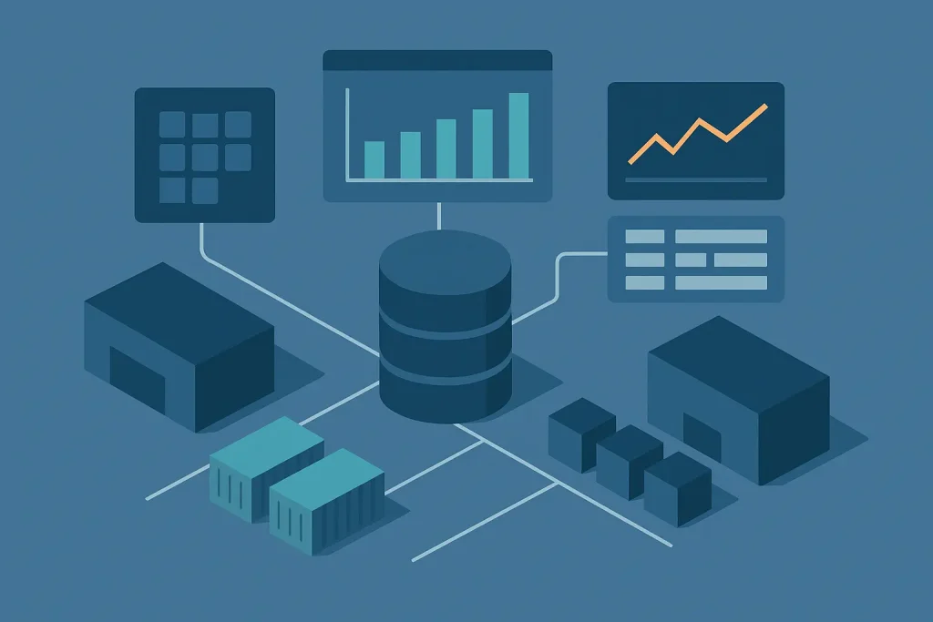 Data management visualization with charts and buildings.