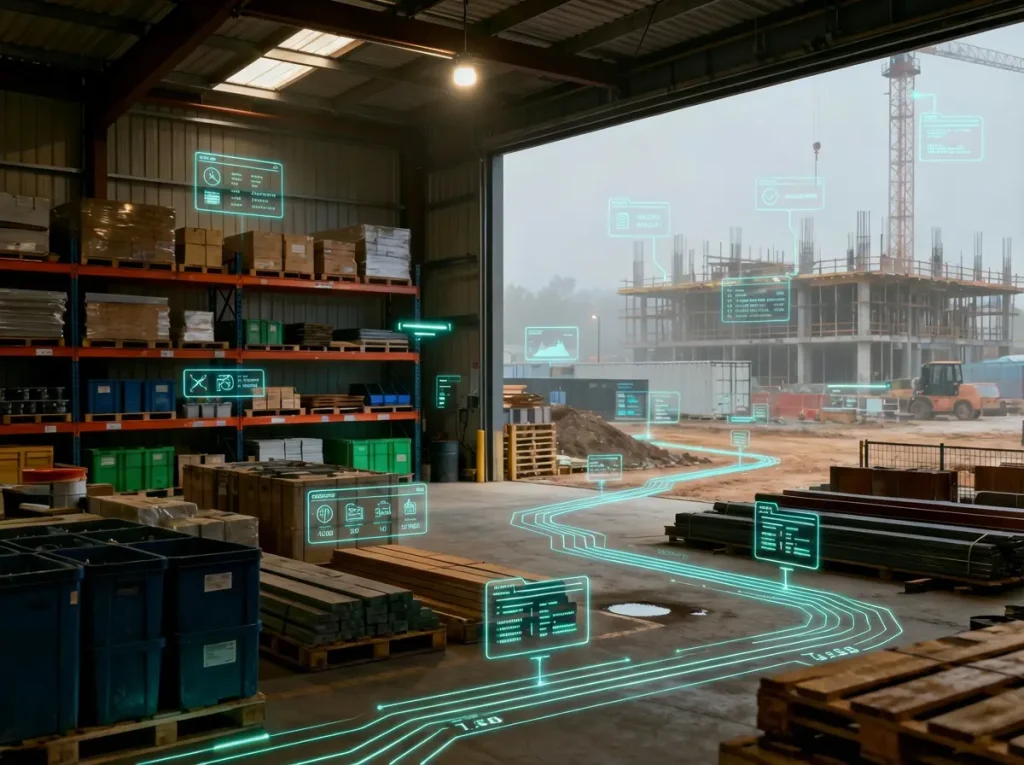 Smart warehouse with digital interfaces and construction site.