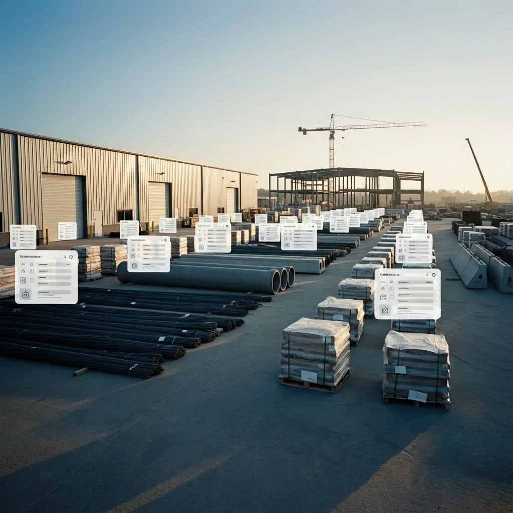 Construction site with materials and workshops