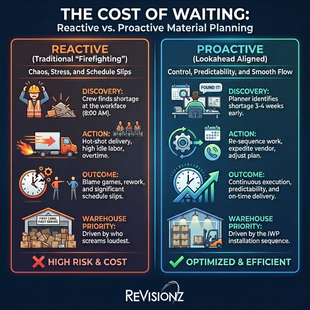 Comparison of reactive and proactive material planning.