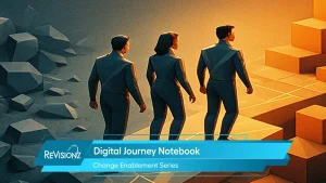Three professionals walking toward illuminated steps