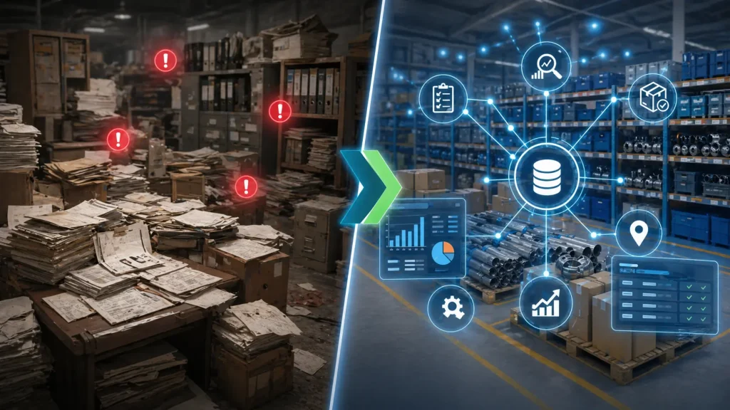Paper cluttered office versus digital warehouse management system