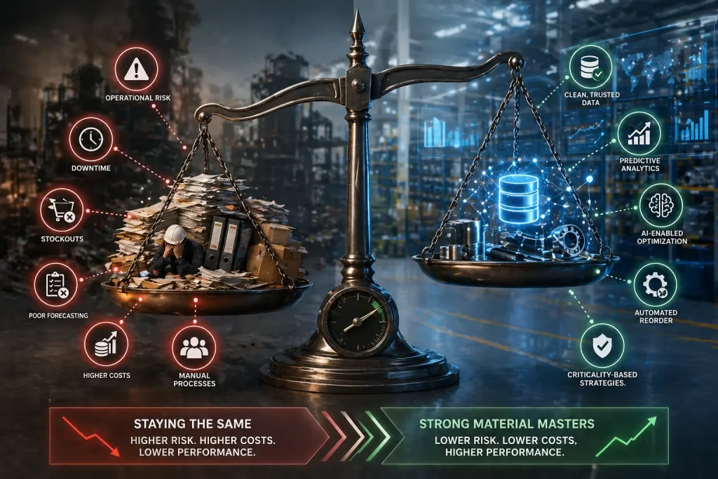 Balance scale comparing manual processes and digital optimization
