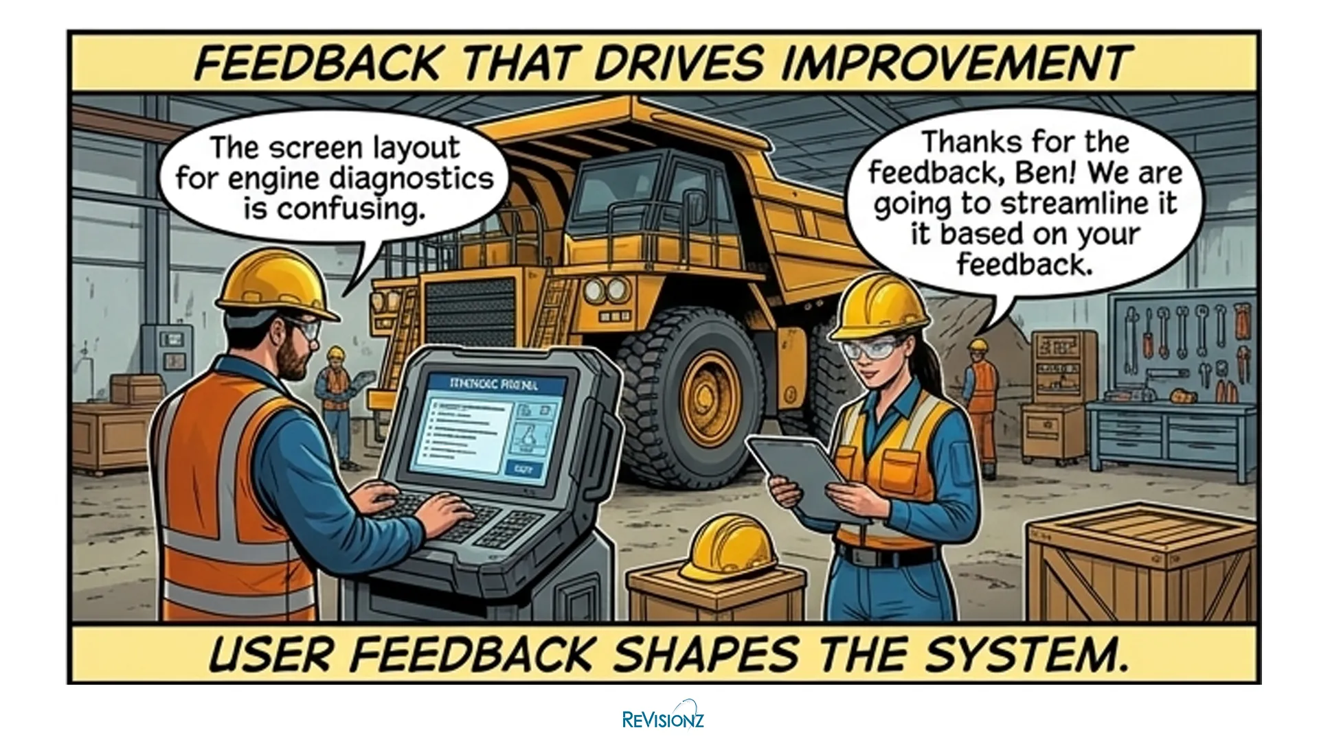 Workers discussing improvements in a workshop.