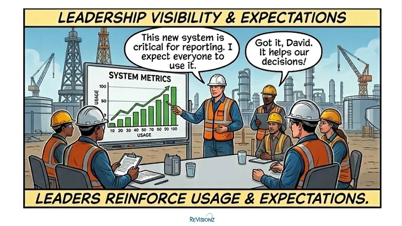 Leaders discuss system metrics at construction site