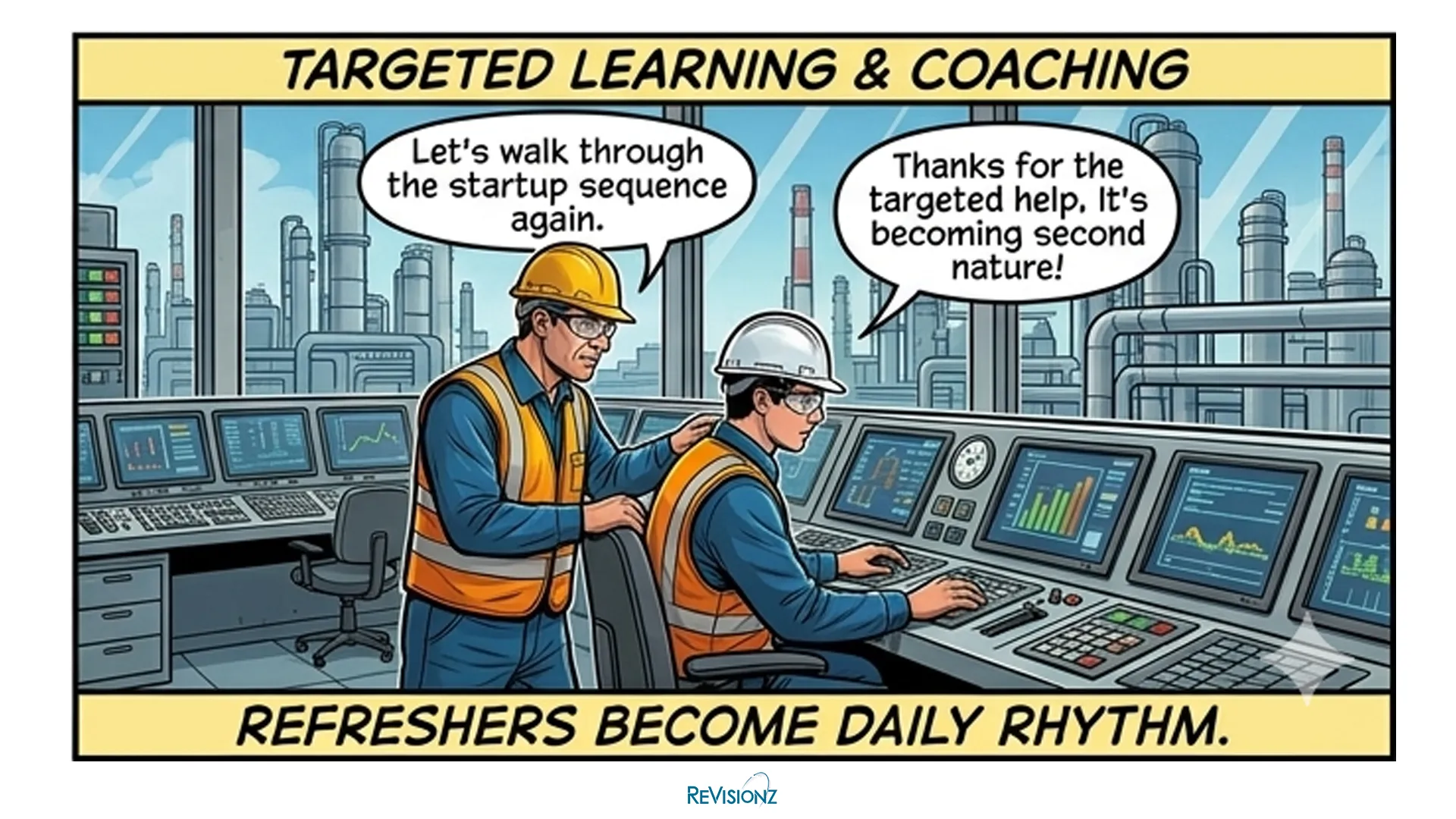 Engineers collaborating in a control room.