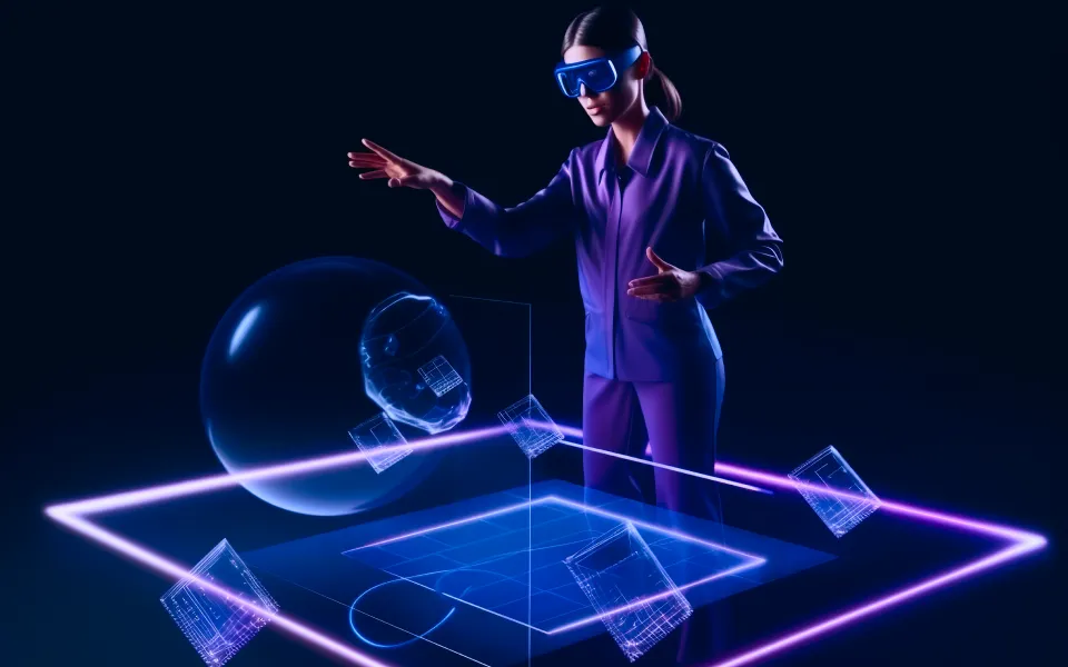 Woman using VR headset with holographic interface