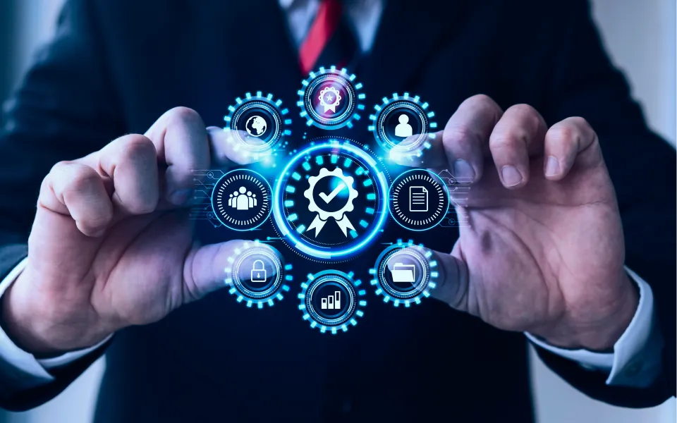 Businessman holding digital quality assurance interface