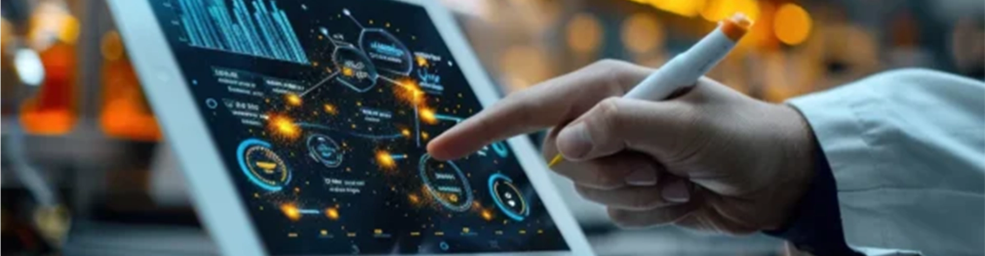 Hand using stylus on digital analytics dashboard