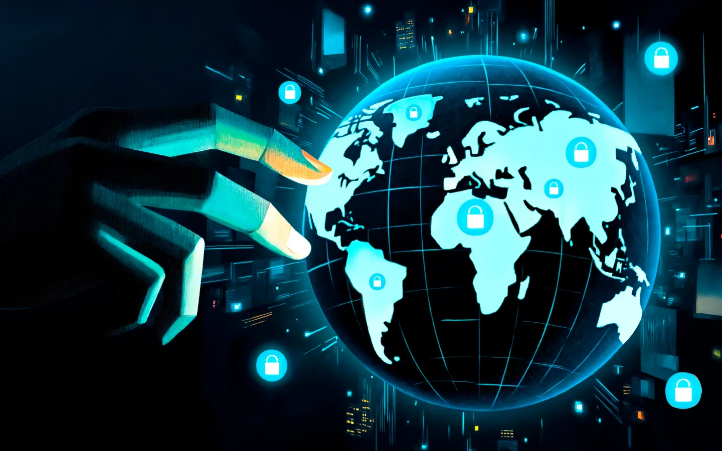 Digital globe with lock icons and pointing hand
