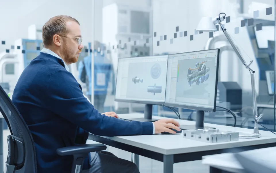 Engineer designing mechanical component on dual monitors