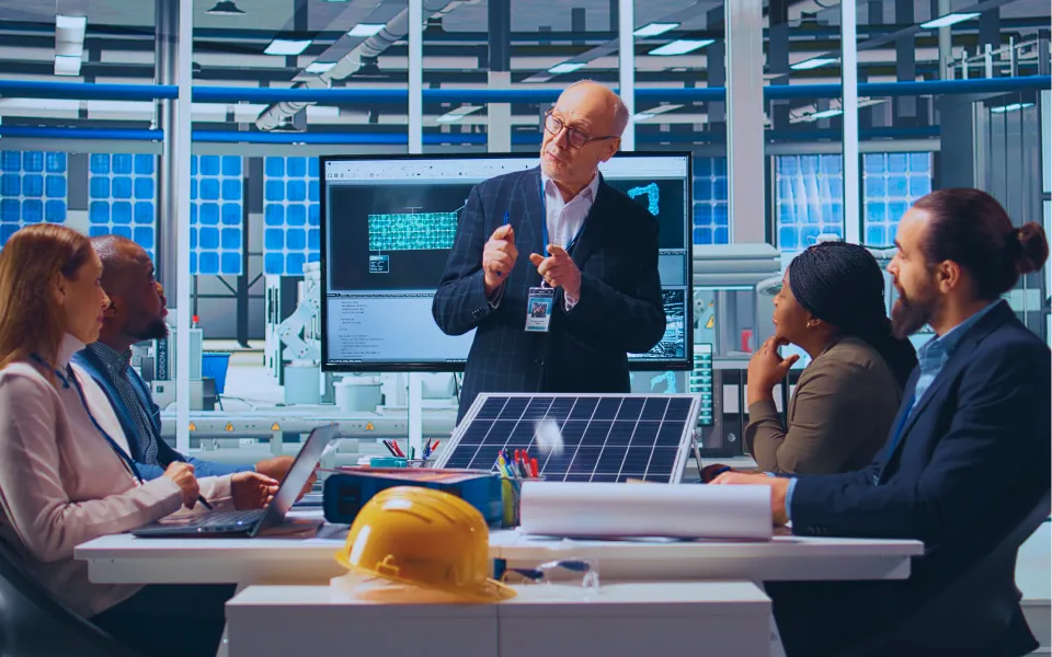 Team meeting with solar panel prototype in lab