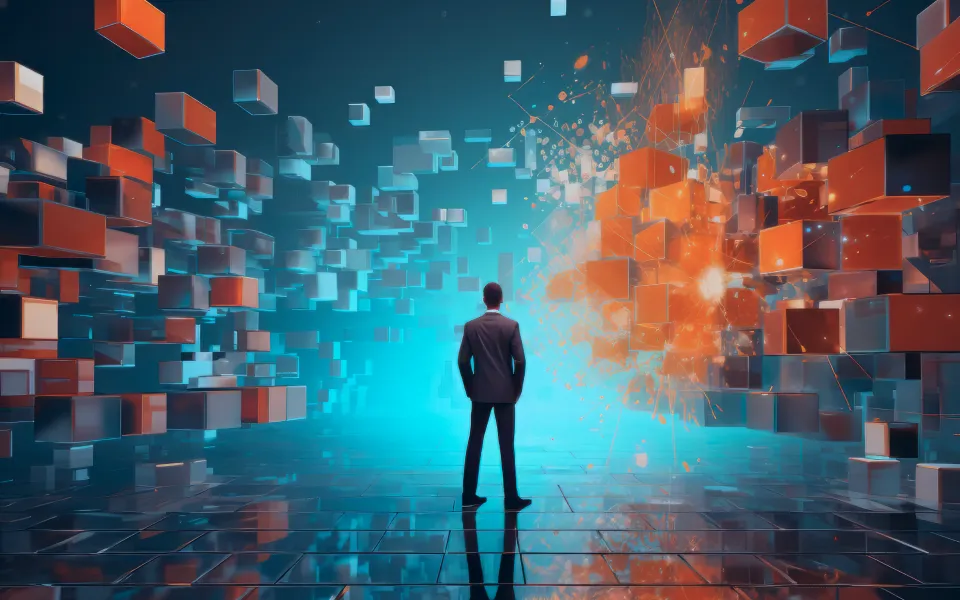 Man facing floating digital cubes explosion