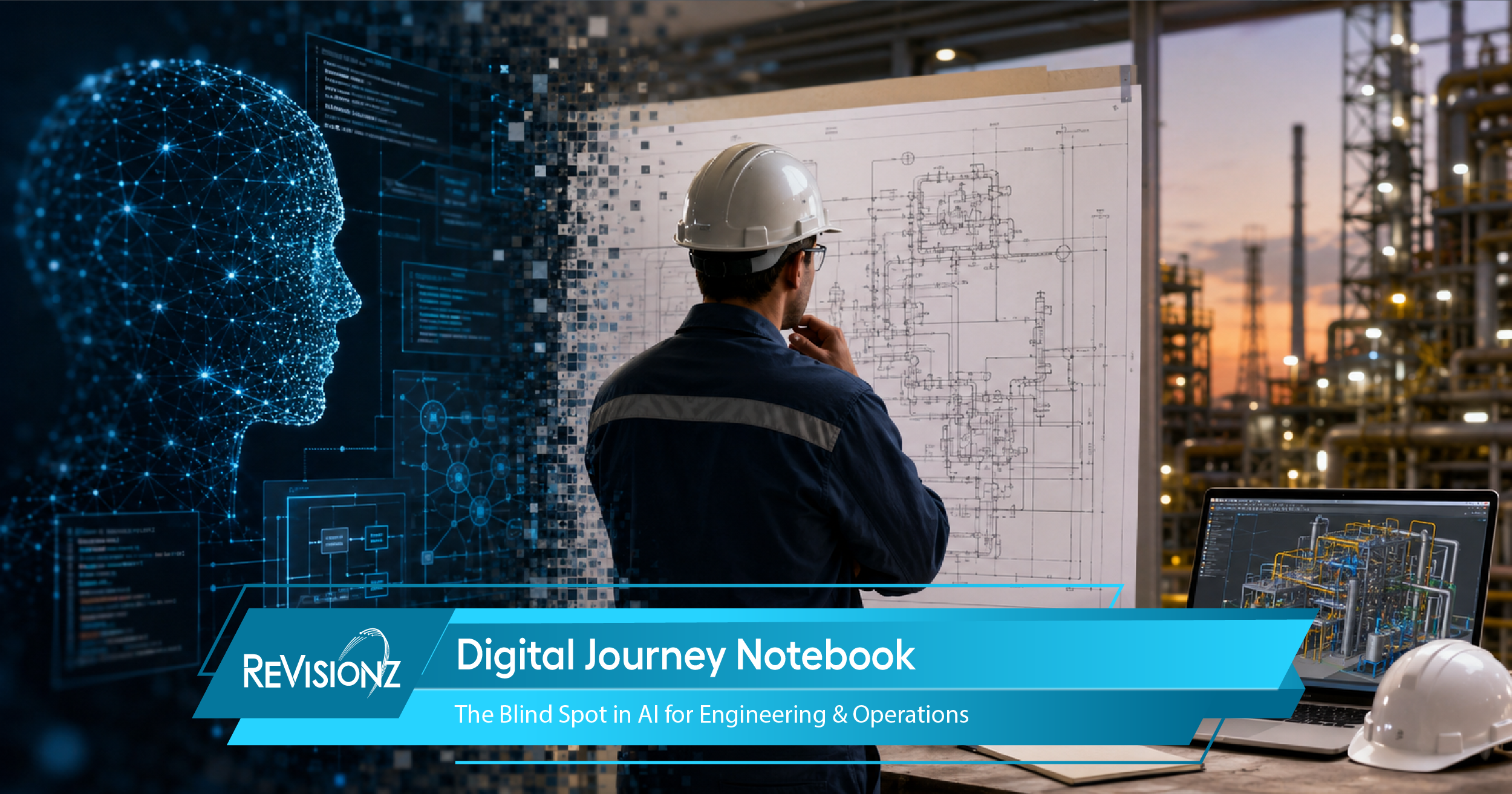 Engineer reviewing blueprints with AI digital overlay