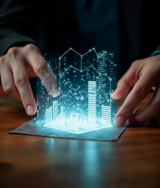 Hands interacting with holographic financial charts and graphs
