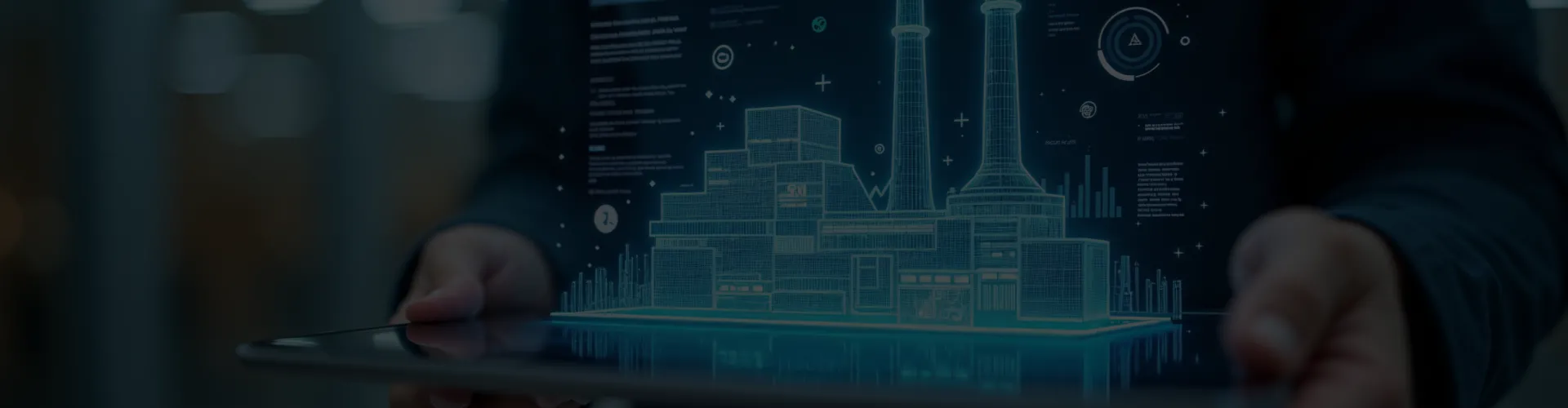 Holographic power plant model displayed above tablet